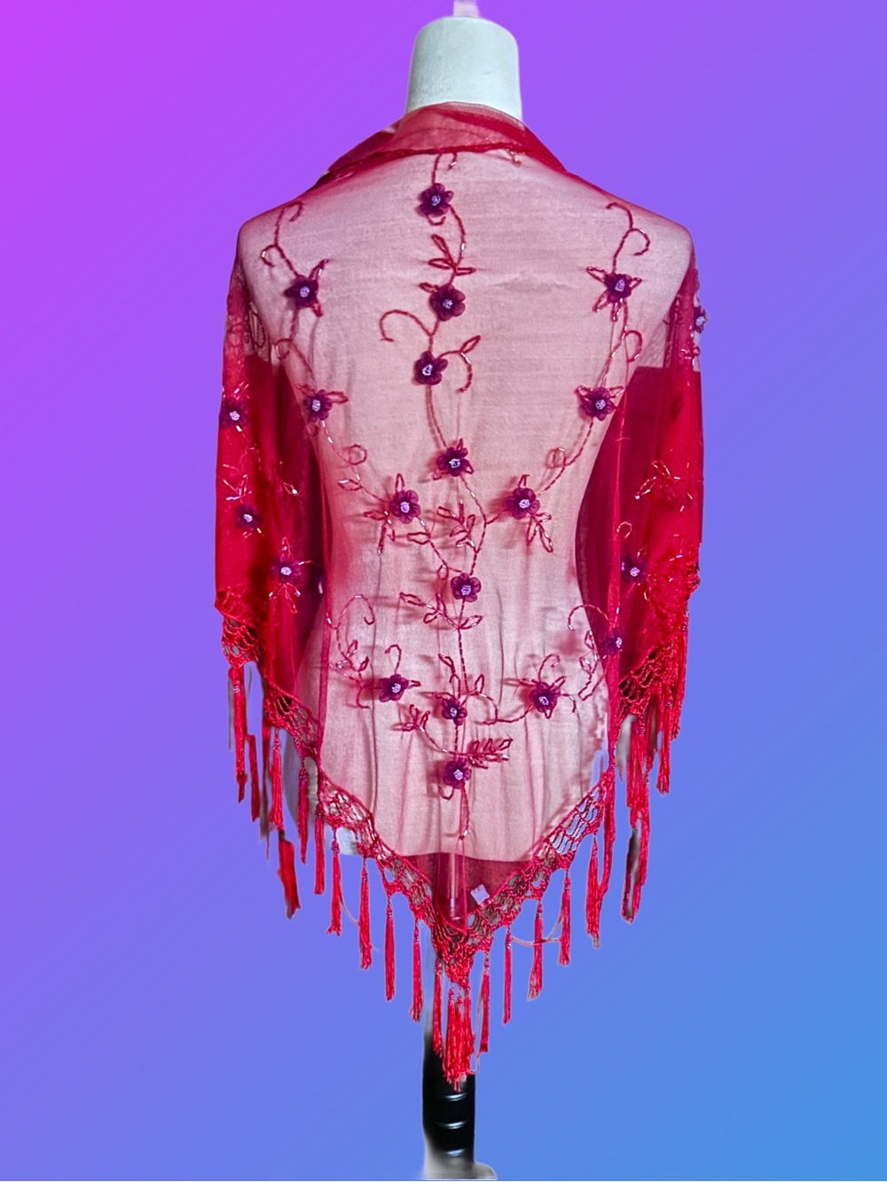 Vintage ~ One Size ~ Red Floral Embroidery & Beaded ~ Fringe Tassel Scarf